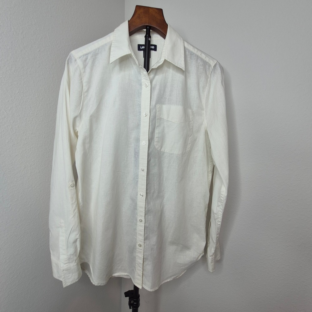 Lands End White Linen Cotton Blend Roll Tab Sleeve Button Down Shirt S/T 6-8